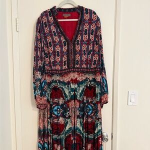 Bohemian Maxi Dress with Red and Blue Patterns and beaded neckline